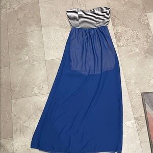 Chic Strapless Blue and White Maxi Dress